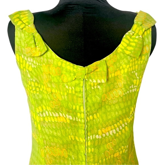 60s Mini Dress Bow Tie Design Lime Green Vintage Minidress Sleeveless Lime Green - Picture 4 of 8